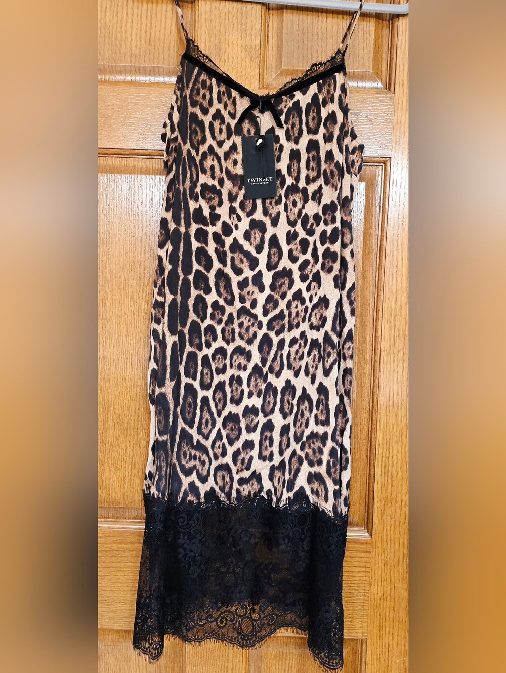 NWT Twinset Milano Silky Dress Lepard print Lace trIm Italy LargE